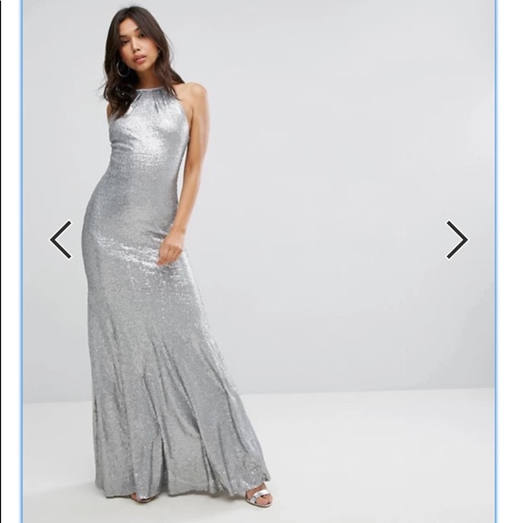 8UK 4US TFNC ASOS Silver Sequin strappy maxi dress - Picture 3 of 7
